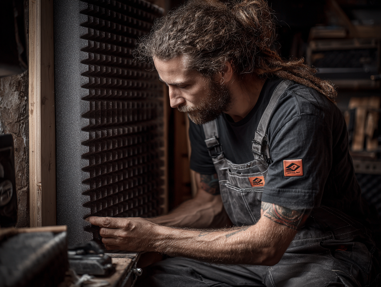 Technician installing acoustic foam bass trap in music studio corner